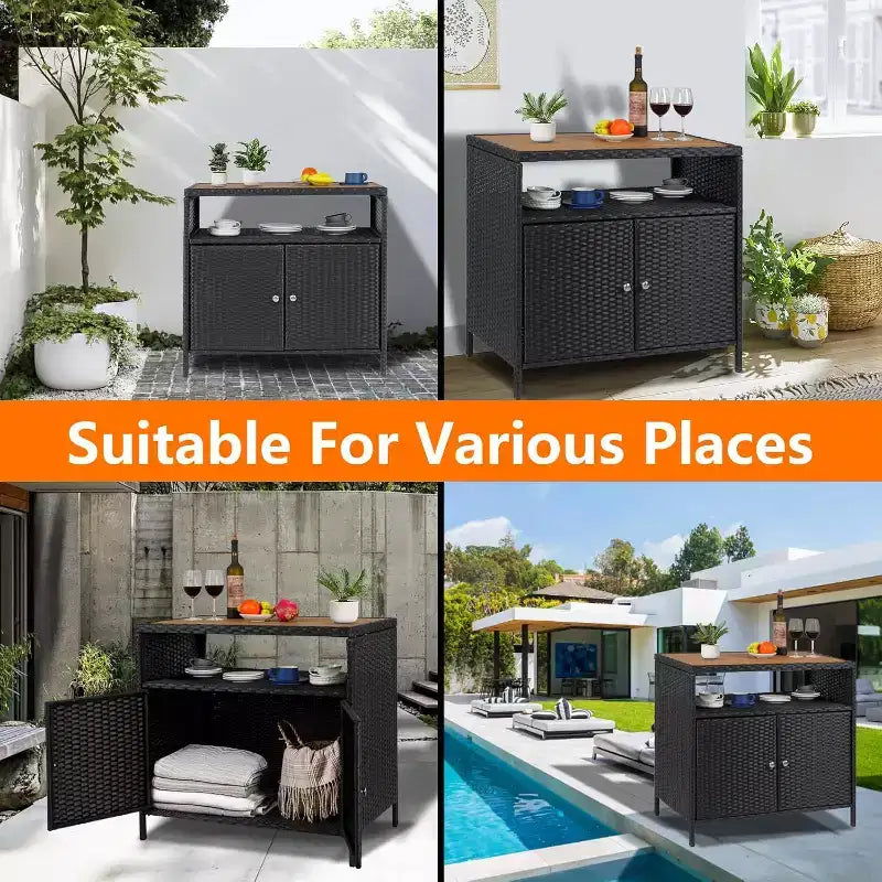Rattan Outdoor Storage Cabinet - Black & Brown, Weather-Resistant, for Patio/Garden/Deck