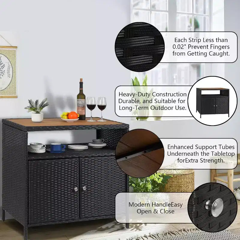Rattan Outdoor Storage Cabinet - Black & Brown, Weather-Resistant, for Patio/Garden/Deck