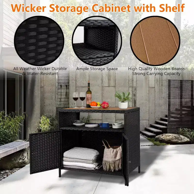 Rattan Outdoor Storage Cabinet - Black & Brown, Weather-Resistant, for Patio/Garden/Deck