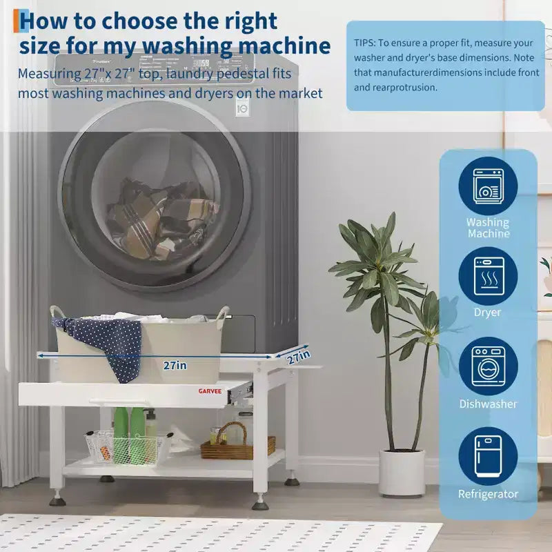 Pieds de lave-linge et sèche-linge de 27 po de largeur avec étagère coulissante, piédestal de lessive de 16 po de hauteur avec patins anti-vibration réglables, bac de récupération et tuyau, 1000 lb