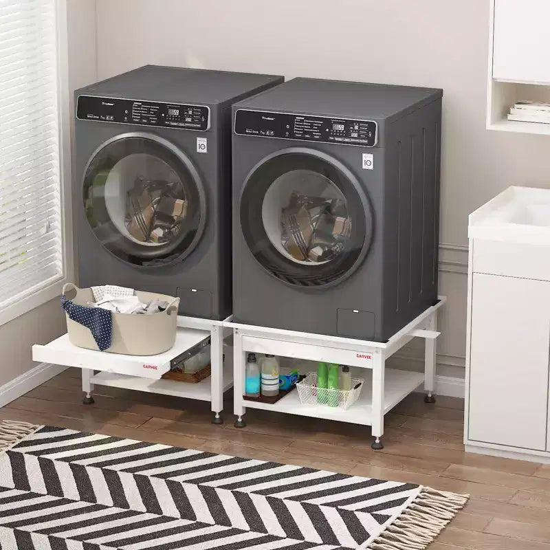 Pieds de lave-linge et sèche-linge de 27 po de largeur avec étagère coulissante, piédestal de lessive de 16 po de hauteur avec patins anti-vibration réglables, bac de récupération et tuyau, 1000 lb