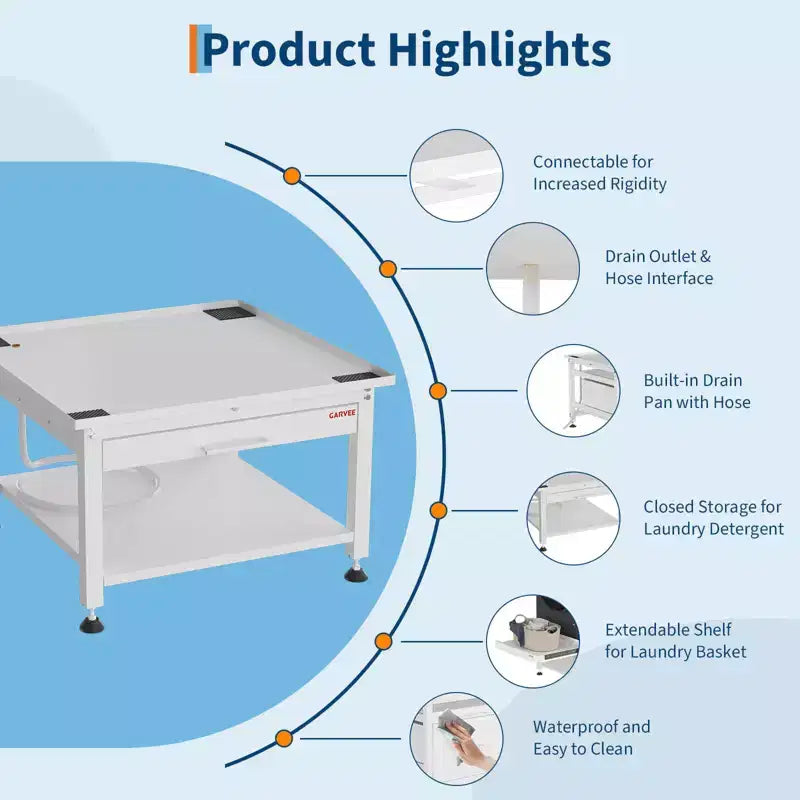 Pieds de lave-linge et sèche-linge de 27 po de largeur avec étagère coulissante, piédestal de lessive de 16 po de hauteur avec patins anti-vibration réglables, bac de récupération et tuyau, 1000 lb