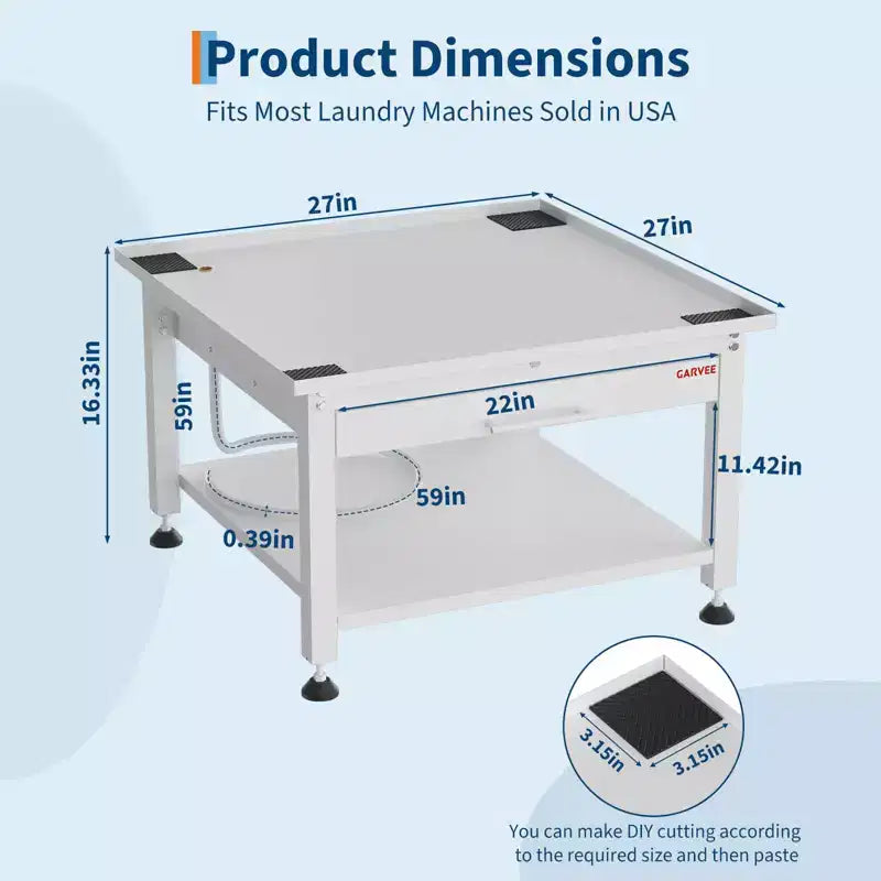 Pieds de lave-linge et sèche-linge de 27 po de largeur avec étagère coulissante, piédestal de lessive de 16 po de hauteur avec patins anti-vibration réglables, bac de récupération et tuyau, 1000 lb