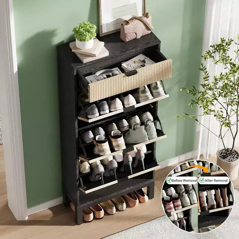 Meuble à chaussures avec 3 tiroirs basculants et 1 tiroir de rangement, meuble à chaussures étroit de 61 cm de large avec étagère réglable