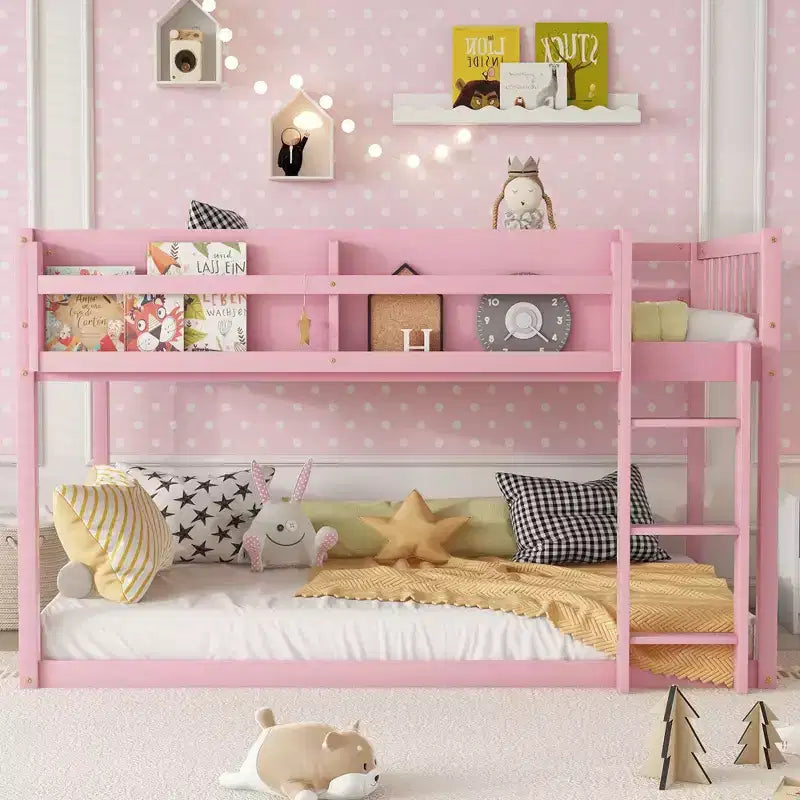 Lit superposé simple en bois massif Okak avec étagères de rangement et échelle, cadre de lit contemporain pour chambre à coucher, chambre d'enfant