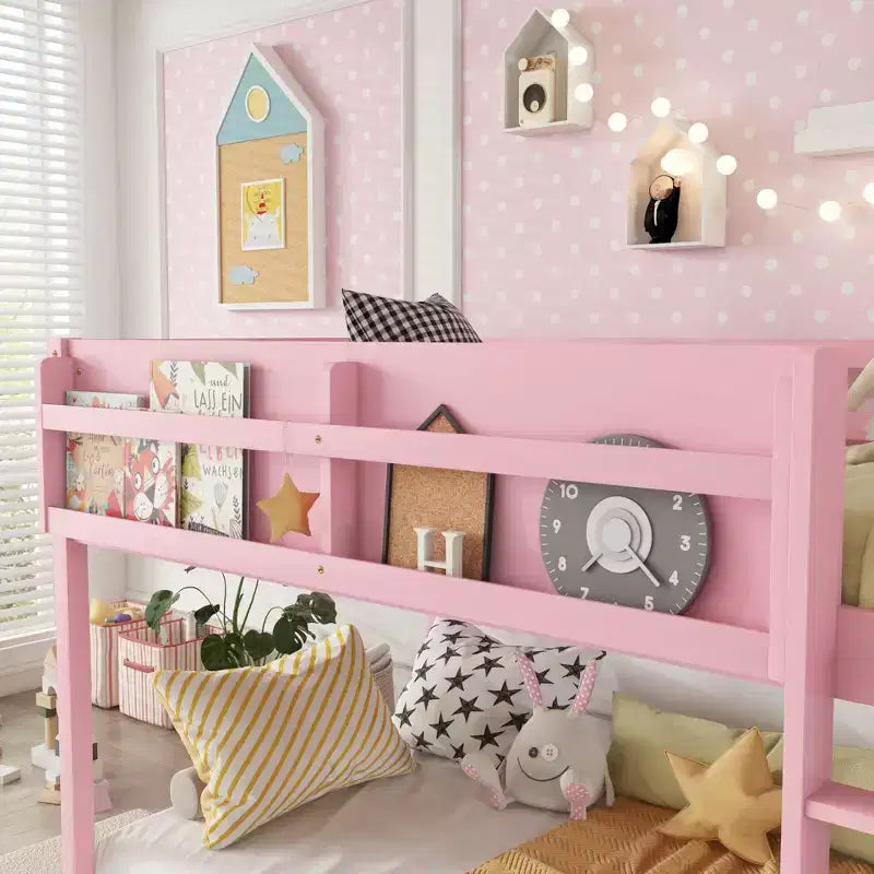 Lit superposé simple en bois massif Okak avec étagères de rangement et échelle, cadre de lit contemporain pour chambre à coucher, chambre d'enfant