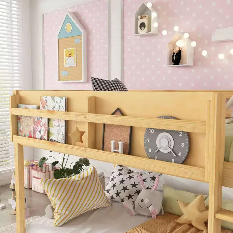 Lit superposé simple en bois massif Okak avec étagères de rangement et échelle, cadre de lit contemporain pour chambre à coucher, chambre d'enfant