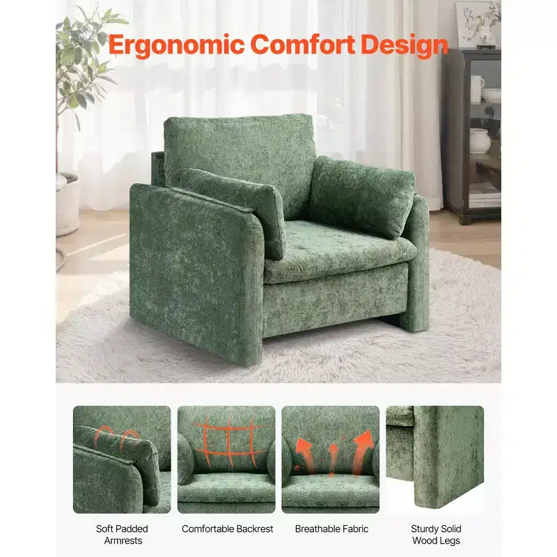 VEVOR Green Accent Chair, Modern Upholstered Accent Chair with Armrests, Cloth Arm Chairs with Thick Cushion and Arched Backrest, Green