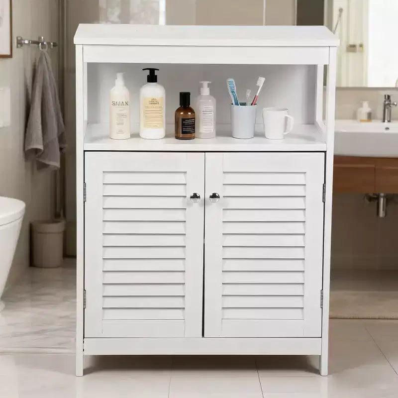 AEELLEEA Bathroom Storage Cabinet White Water Proof Wooden Freestanding Cabinet with Removable Shelf Shutter Doors for Home Hotel White