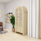 Grand garde-manger de cuisine arqué de 70,28 po avec portes en rotin, meuble de rangement naturel avec 2 tiroirs et étagères réglables - Panipeachy