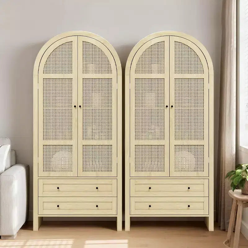 Grand garde-manger de cuisine arqué de 70,28 po avec portes en rotin, meuble de rangement naturel avec 2 tiroirs et étagères réglables - Panipeachy