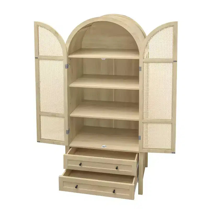 Grand garde-manger de cuisine arqué de 70,28 po avec portes en rotin, meuble de rangement naturel avec 2 tiroirs et étagères réglables - Panipeachy