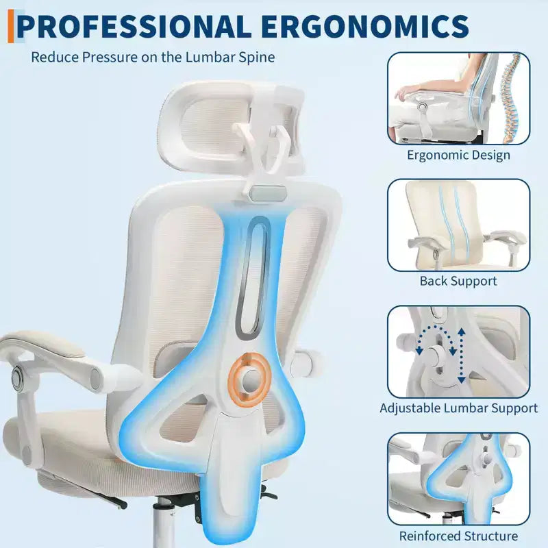 Chaise de bureau ergonomique à dossier haut avec dossier en maille, repose-pieds rétractable, appuie-tête et support lombaire réglables, grande chaise d'ordinateur à roulettes, beige