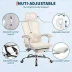 Chaise de bureau ergonomique à dossier haut avec dossier en maille, repose-pieds rétractable, appuie-tête et support lombaire réglables, grande chaise d'ordinateur à roulettes, beige