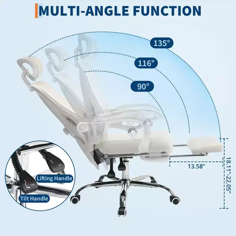 Chaise de bureau ergonomique à dossier haut avec dossier en maille, repose-pieds rétractable, appuie-tête et support lombaire réglables, grande chaise d'ordinateur à roulettes, beige