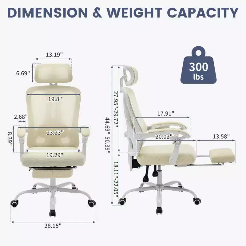 Chaise de bureau ergonomique à dossier haut avec dossier en maille, repose-pieds rétractable, appuie-tête et support lombaire réglables, grande chaise d'ordinateur à roulettes, beige
