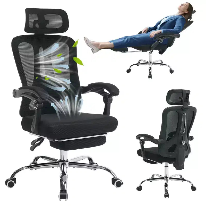 Chaise de bureau ergonomique à dossier haut avec dossier en maille, repose-pieds rétractable, appuie-tête et support lombaire réglables, grande chaise d'ordinateur à roulettes, beige