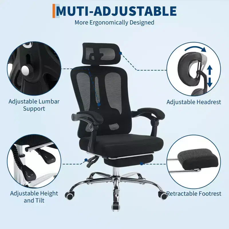 Chaise de bureau ergonomique à dossier haut avec dossier en maille, repose-pieds rétractable, appuie-tête et support lombaire réglables, grande chaise d'ordinateur à roulettes, beige