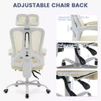 Chaise de bureau ergonomique à dossier haut avec dossier en maille, repose-pieds rétractable, appuie-tête et support lombaire réglables, grande chaise d'ordinateur à roulettes, beige