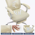 Chaise de bureau ergonomique à dossier haut avec dossier en maille, repose-pieds rétractable, appuie-tête et support lombaire réglables, grande chaise d'ordinateur à roulettes, beige
