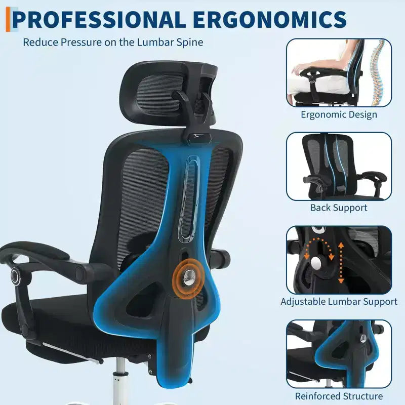 Chaise de bureau ergonomique à dossier haut avec dossier en maille, repose-pieds rétractable, appuie-tête et support lombaire réglables, grande chaise d'ordinateur à roulettes, beige