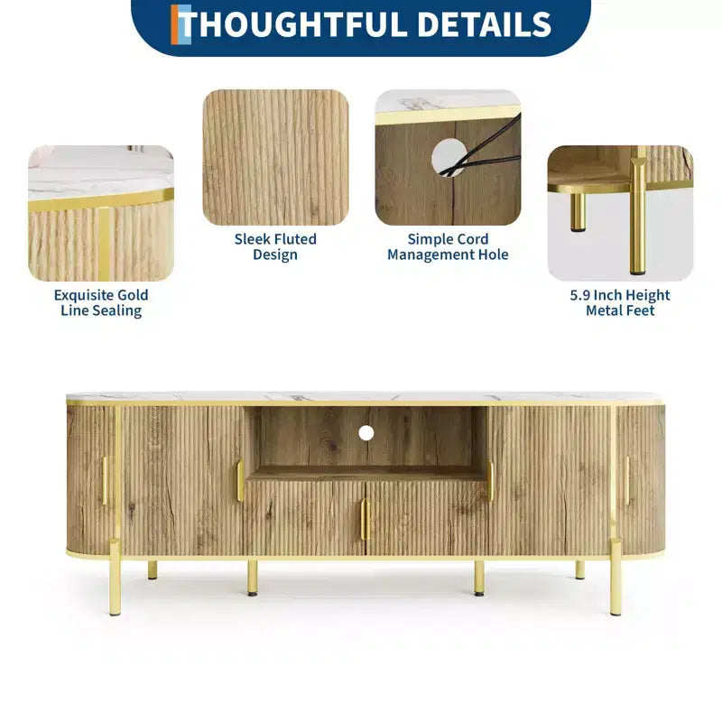 Meuble TV à quatre portes avec motif ondulé rond, étagères réglables, plateau en imitation marbre, décoration en métal doré, charnières à fermeture douce