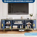 Meuble TV à quatre portes avec motif ondulé rond, étagères réglables, plateau en imitation marbre, décoration en métal doré, charnières à fermeture douce