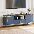 Meuble TV à quatre portes avec motif ondulé rond, étagères réglables, plateau en imitation marbre, décoration en métal doré, charnières à fermeture douce