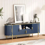 Meuble TV à quatre portes avec motif ondulé rond, étagères réglables, plateau en imitation marbre, décoration en métal doré, charnières à fermeture douce