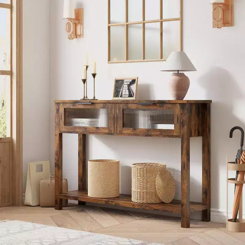 Console étroite moderne de 109 cm avec 2 tiroirs en verre - Table de canapé de rangement à 2 niveaux pour entrée, salon, couloir et vestibule