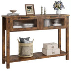 Console étroite moderne de 109 cm avec 2 tiroirs en verre - Table de canapé de rangement à 2 niveaux pour entrée, salon, couloir et vestibule