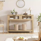 Console étroite moderne de 109 cm avec 2 tiroirs en verre - Table de canapé de rangement à 2 niveaux pour entrée, salon, couloir et vestibule