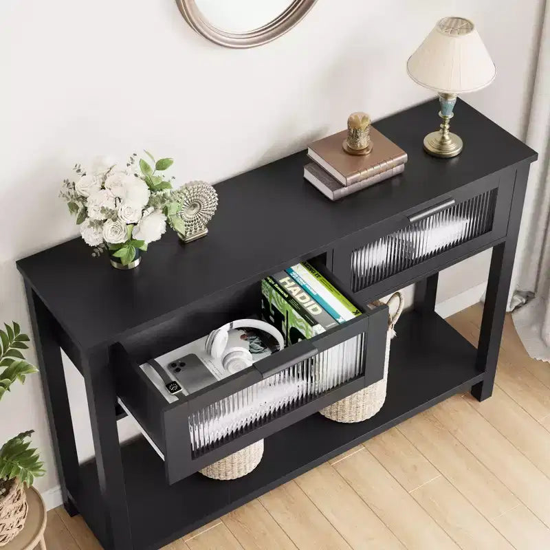 Console étroite moderne de 109 cm avec 2 tiroirs en verre - Table de canapé de rangement à 2 niveaux pour entrée, salon, couloir et vestibule