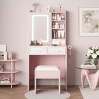 Coiffeuse avec miroir et lumières, Coiffeuse avec station de recharge, Coiffeuse avec tiroirs et étagères, Coiffeuse LED pour chambre à coucher