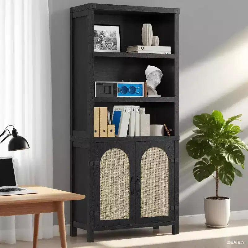 Bibliothèque et étagère double noire de 178 cm de haut avec portes, étagères de présentation ouvertes à 5 niveaux et armoires de rangement pour salon, bureau à domicile