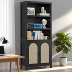 Bibliothèque et étagère double noire de 178 cm de haut avec portes, étagères de présentation ouvertes à 5 niveaux et armoires de rangement pour salon, bureau à domicile