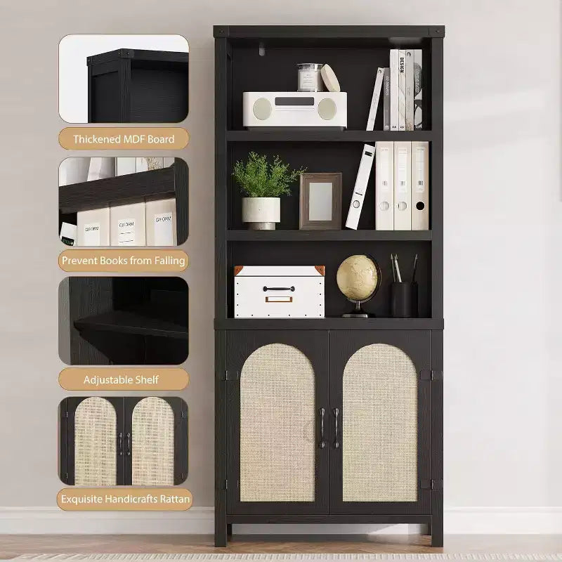 Bibliothèque et étagère double noire de 178 cm de haut avec portes, étagères de présentation ouvertes à 5 niveaux et armoires de rangement pour salon, bureau à domicile