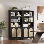 Bibliothèque et étagère double noire de 178 cm de haut avec portes, étagères de présentation ouvertes à 5 niveaux et armoires de rangement pour salon, bureau à domicile