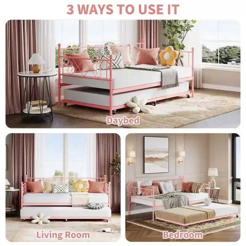 Lit de repos jumeau en métal avec lit gigogne, support à lattes en acier de qualité supérieure, lit gigogne peu encombrant pour salon, chambre à coucher et chambre d'amis