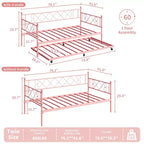 Lit de repos jumeau en métal avec lit gigogne, support à lattes en acier de qualité supérieure, lit gigogne peu encombrant pour salon, chambre à coucher et chambre d'amis