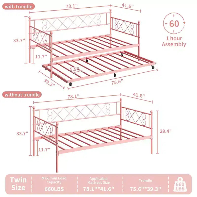 Lit de repos jumeau en métal avec lit gigogne, support à lattes en acier de qualité supérieure, lit gigogne peu encombrant pour salon, chambre à coucher et chambre d'amis