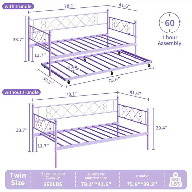 Lit de repos jumeau en métal avec lit gigogne, support à lattes en acier de qualité supérieure, lit gigogne peu encombrant pour salon, chambre à coucher et chambre d'amis