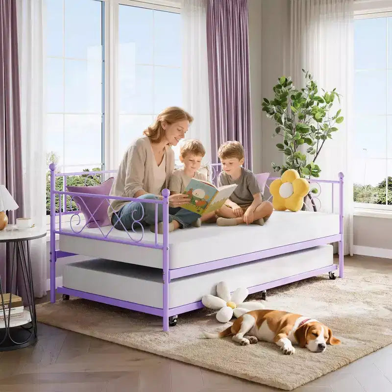 Lit de repos jumeau en métal avec lit gigogne, support à lattes en acier de qualité supérieure, lit gigogne peu encombrant pour salon, chambre à coucher et chambre d'amis