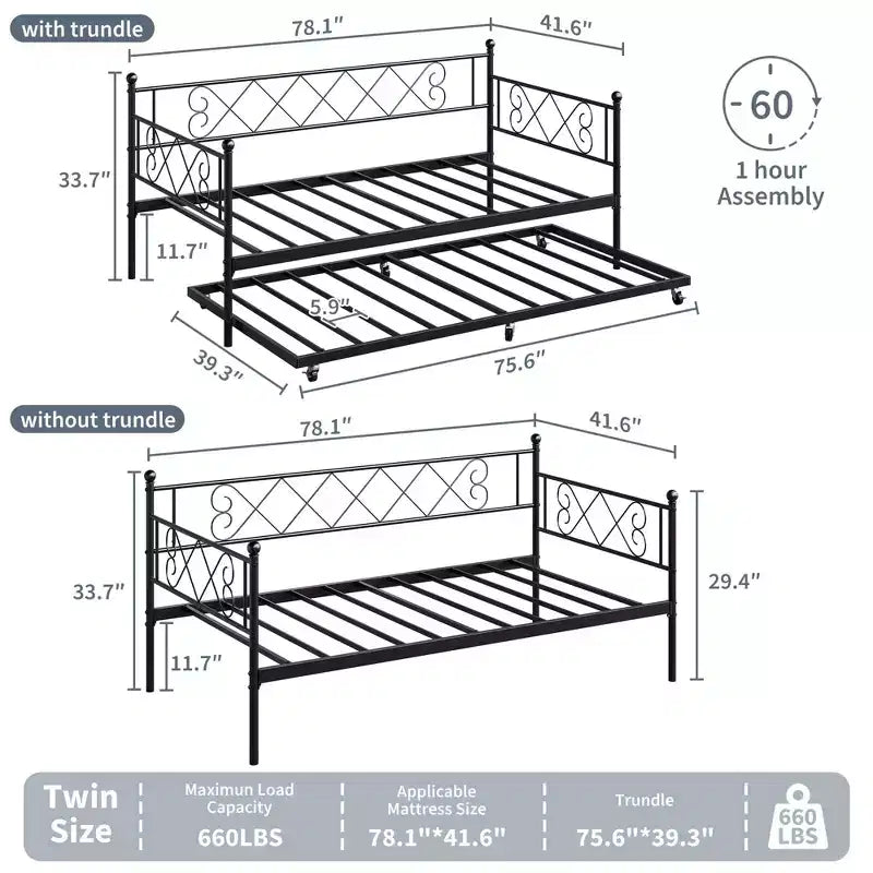 Lit de repos jumeau en métal avec lit gigogne, support à lattes en acier de qualité supérieure, lit gigogne peu encombrant pour salon, chambre à coucher et chambre d'amis