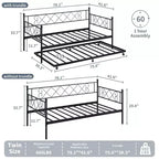 Lit de repos jumeau en métal avec lit gigogne, support à lattes en acier de qualité supérieure, lit gigogne peu encombrant pour salon, chambre à coucher et chambre d'amis
