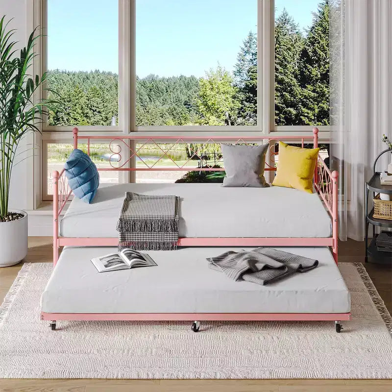 Lit de repos jumeau en métal avec lit gigogne, support à lattes en acier de qualité supérieure, lit gigogne peu encombrant pour salon, chambre à coucher et chambre d'amis