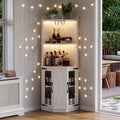 67.3 Farmhouse Corner Bar Cabinet with LED Lights, Power Outlets/USB Ports, Glass Rack & Adjustable Shelves, White - ModernLuxe