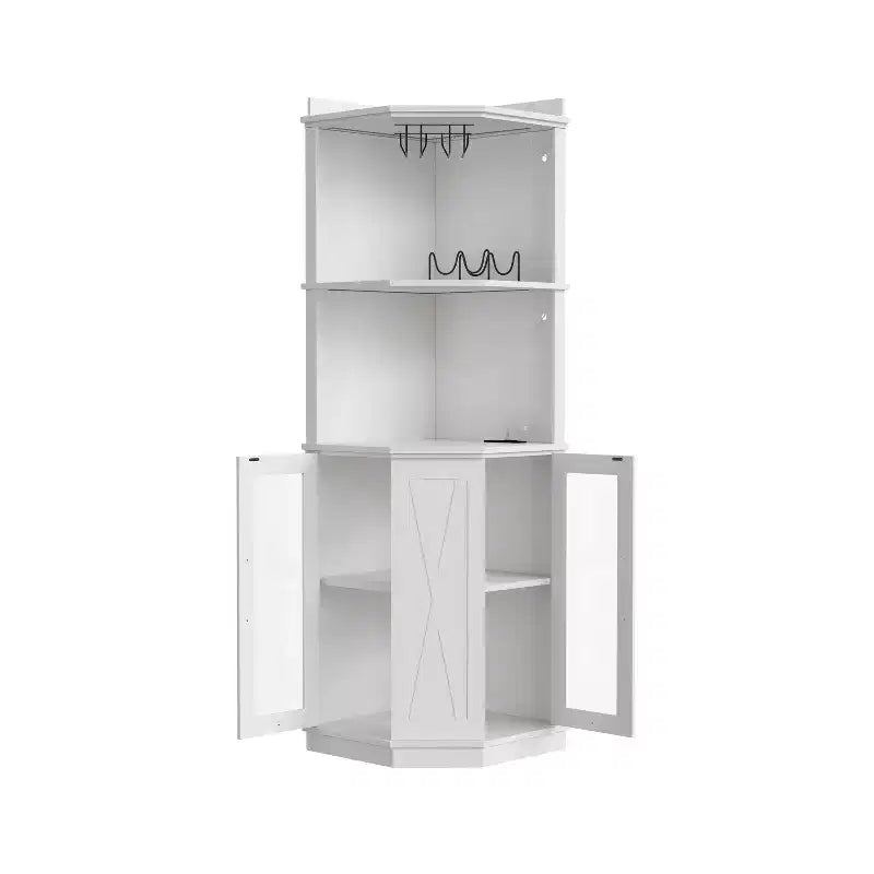 67.3 Farmhouse Corner Bar Cabinet with LED Lights, Power Outlets/USB Ports, Glass Rack & Adjustable Shelves, White - ModernLuxe