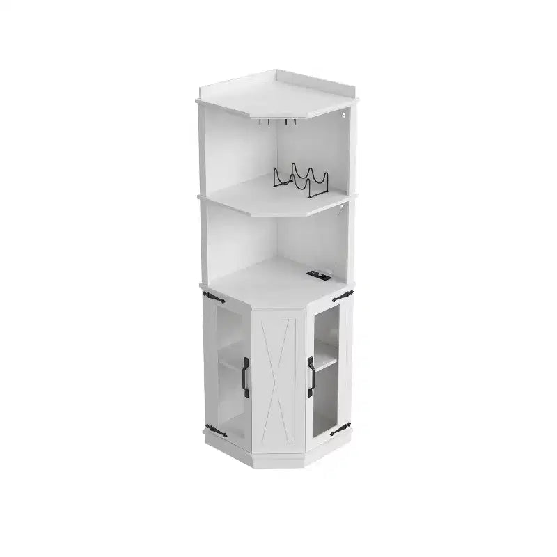67.3 Farmhouse Corner Bar Cabinet with LED Lights, Power Outlets/USB Ports, Glass Rack & Adjustable Shelves, White - ModernLuxe