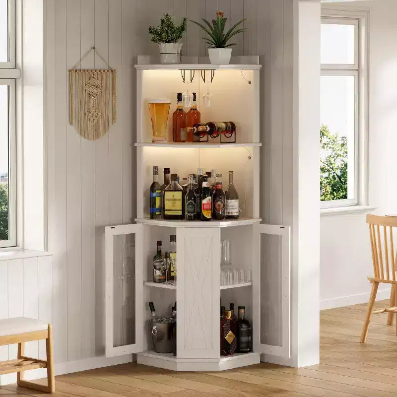 67.3 Farmhouse Corner Bar Cabinet with LED Lights, Power Outlets/USB Ports, Glass Rack & Adjustable Shelves, White - ModernLuxe